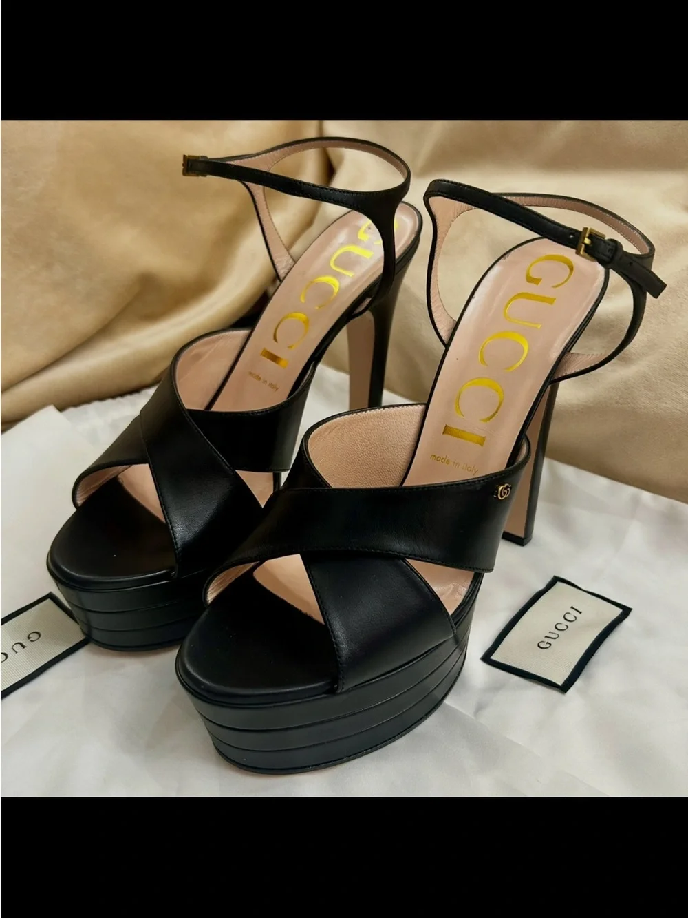 Gucci Black Leather Platform Sandals with Ankle Strap